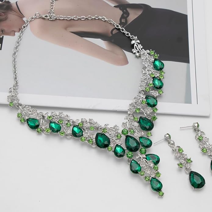 Bridal Bridesmaid Austrian Crystal Jewelry Set, Floarl rhinestone Statement Neckace Teardrop Necklace Drop Dangle Earrings Set