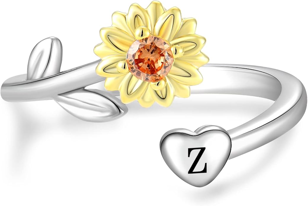 STARCHENIE Sunflower Initial Ring for Women 925 Sterling Silver Letters A-Z 26 Alphabet Adjustable Ring Size 7