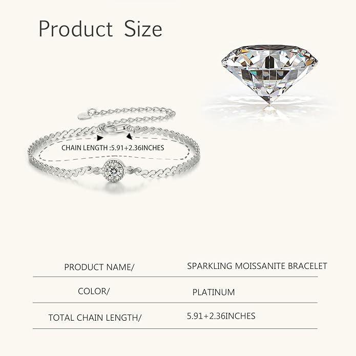 14K White Gold Over S925 Sterling Silver Princess/Round Cut D-color VVS1 Diamond Bracelet, Adjustable Chain with 0.7ct/0.5ct/1ct Diamond, Ideal Surprise for Trendy Women