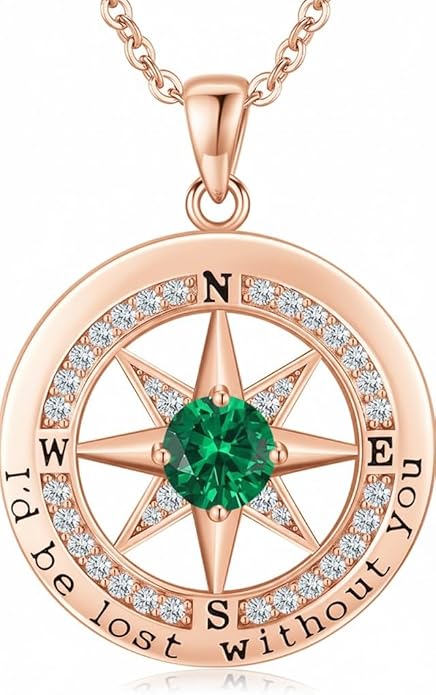 Compass Necklace for Women Wife Girlfriend Mom Daughter Gifts S925 Sterling Silver Jewelry For Anniversary Rose Gold Gifts For Birthday Christmas Mothers Valentines Day 12 Birthstones