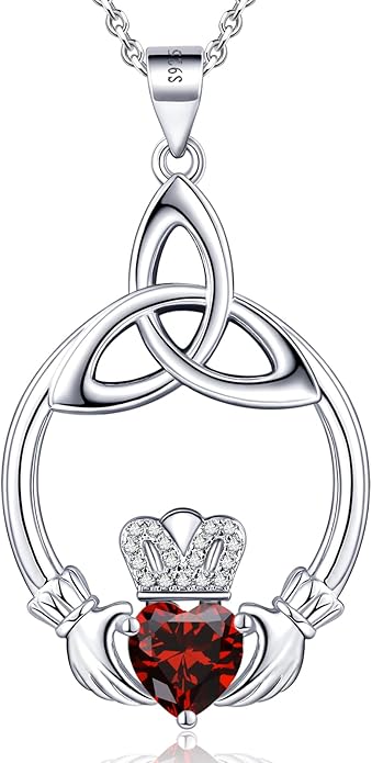 Gift Birthstone Necklaces for Women 925 Sterling Silver Irish Claddagh Necklace for Women Heart Birthstone Pendant Necklace Anniversary Birthday Gifts for Wife Lady Cable Chain 18"+2"