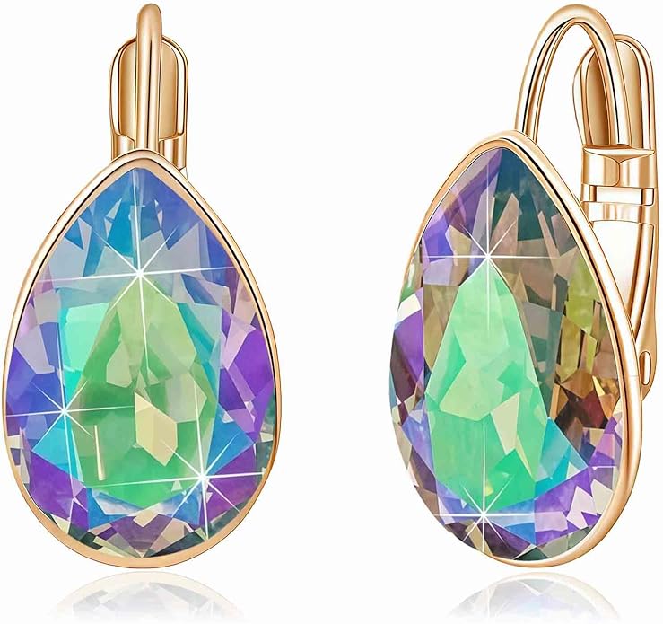 Teardrop Austrian Crystal Leverback Drop Earrings for Women 14K Rose Gold Plated Hypoallergenic Jewelry
