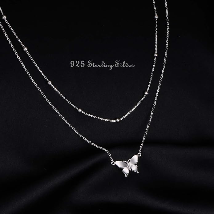 FLYOW S925 Sterling Silver Dainty Butterfly/Moonstone/Turquoise/Agate/Circle Choker Necklace Short Dainty Layered Pendant Necklace Jewelry for Women Girls