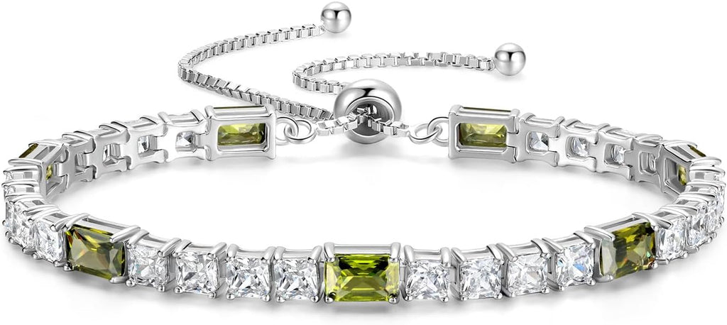 FANCIME Birthstone Bracelet for Women, Sterling Silver 4x6mm Gemstone Tennis Bracelet Bolo Adjustable Chain Fine Jewelry Birthday Gifts for Women Mom Wife Her