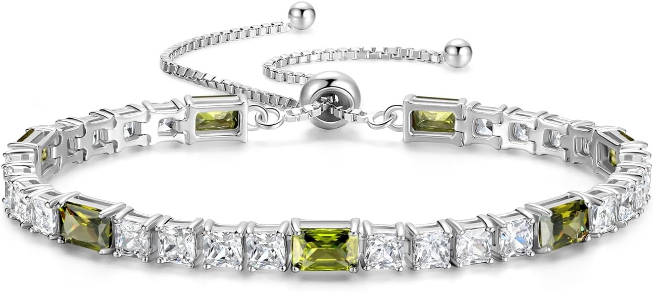 FANCIME Birthstone Bracelet for Women, Sterling Silver 4x6mm Gemstone Tennis Bracelet Bolo Adjustable Chain Fine Jewelry Birthday Gifts for Women Mom Wife Her