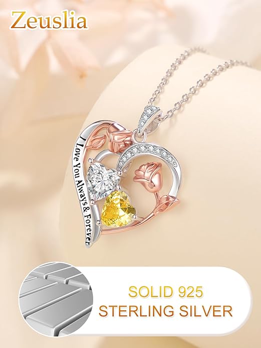 Valentine's Day Gifts for Wife 925 Sterling Silver Double Birthstone Pendant Necklaces I Love You for Always and Forever Necklace Anniversary Birthday Gifts for Wife Girlfriend Mom Her