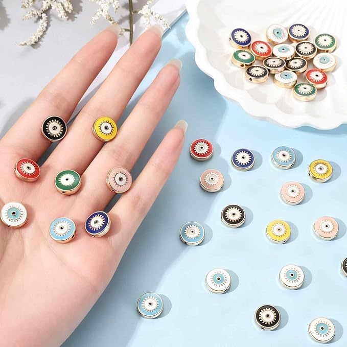 MECCANIXITY 20 Pcs Flat Round Evil Eye Beads Colorful Flat Loose Spacer Evil Eye Charms for DIY Bracelet Earrings Necklace Crafts Jewelry Making, White