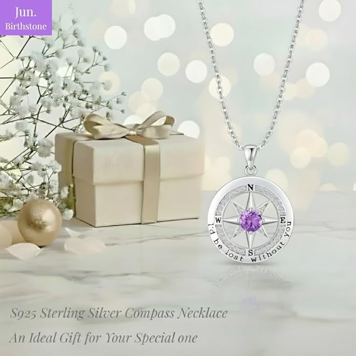 Compass Necklace for Women Wife Girlfriend Mom Daughter Gifts S925 Sterling Silver Jewelry For Anniversary Rose Gold Gifts For Birthday Christmas Mothers Valentines Day 12 Birthstones