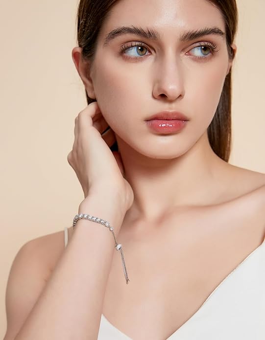 KRKC&CO Moissanite Bolo Tennis Bracelets for Women, 1.6-8.0 ct.tw, Adjustable Length S925 Sterling Silver, Christmas Gifts for Her, Luxury Box, 2/3/4mm D Color VVS1 White/14K/24K/Rose Gold Plated