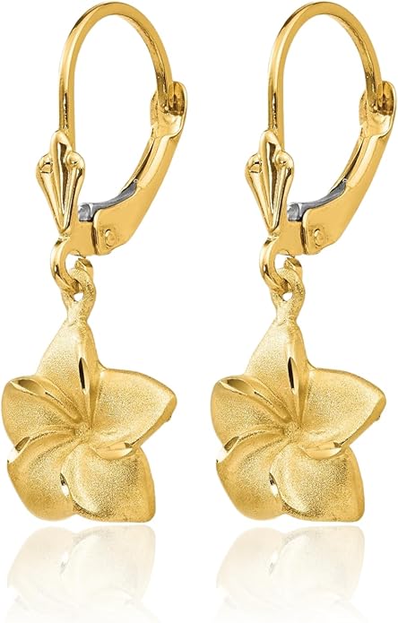14K Yellow Gold Plumeria Drop Dangle Earrings for Women Flower Motif Lever Back Solid Small Fine Jewelry Gift Floral Nature