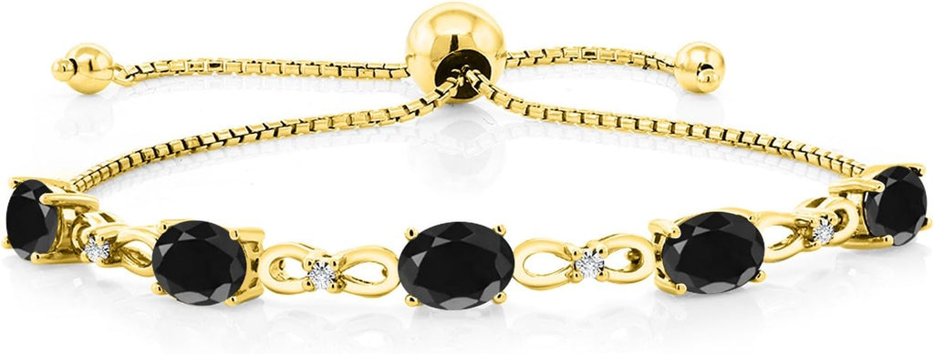 Gem Stone King 7X5MM Oval Cut Gemstone Birthstone and Accent Lab Grown Diamond Tennis Bracelet For Women In 18K Yellow Gold Plated Silver | Adjustable Bolo Bracelet For Women | Easy-On Easy-Off