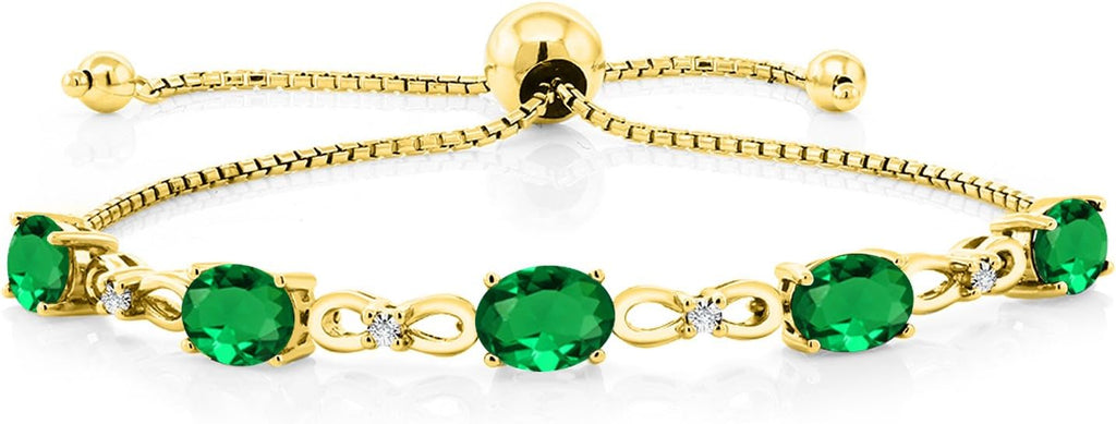 Gem Stone King 7X5MM Oval Cut Gemstone Birthstone and Accent Lab Grown Diamond Tennis Bracelet For Women In 18K Yellow Gold Plated Silver | Adjustable Bolo Bracelet For Women | Easy-On Easy-Off