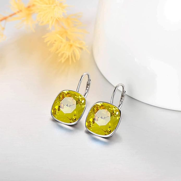 AOBOCO Sterling Silver Leverback Earrings Embellished with Crystals from Austria, Hypoallergenic Cushion Cut Square Crystal Earrings, Fine Anniversary Birthday Jewelry Gifts for Women