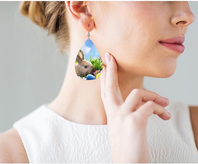 Rabbit Faux Leather Earrings Little Easter Bunny Easter Eggs Green Grass Teardrop Leather Dangle Earrings Women Earrings For Wedding Bridal