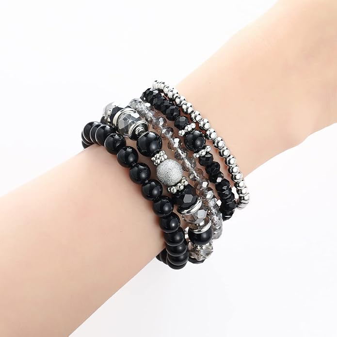 Noessla Beaded Pearl Stretch Bracelet Silver Stackable Crystal Beads Bracelets Trendy Costume Jewelry Mothers Day Gifts for Women