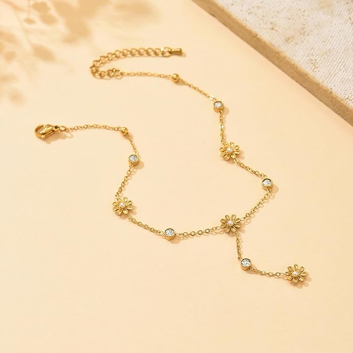 Anklets for Women Dainty CZ Ankle Bracelet 18K Gold Plated Waterproof Boho Dot Star Moon Daisy Ocean Beaded Anklet Trendy Foot Jewelry