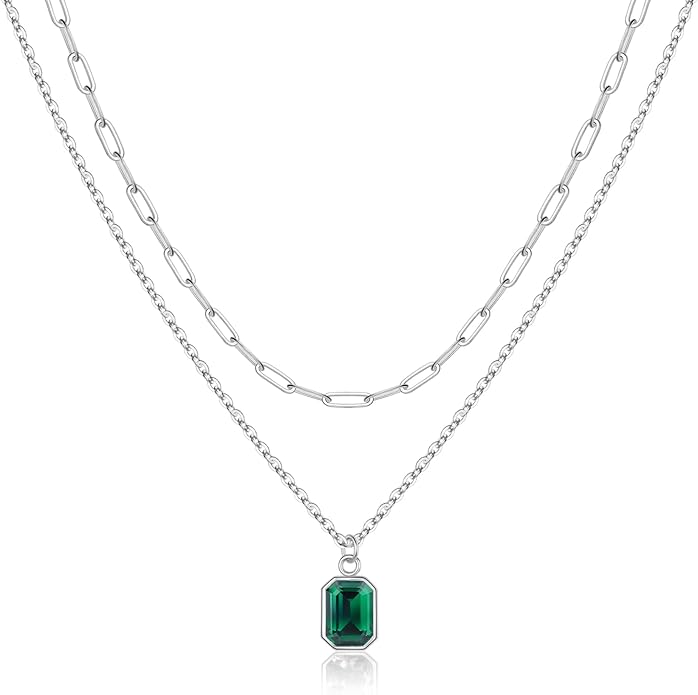 Layered Birthstone Necklace for Women Girls, 14K Gold-Plated Paperclip Chain Choker Necklace with Rectangle Birthstone Pendant Birthday Gifts for Women Girls Dainty Small