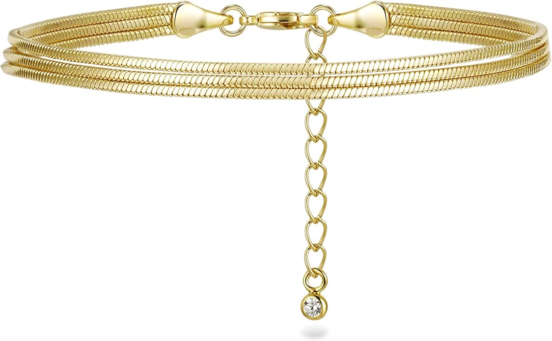 JINEAR Gold Ankle Bracelets for Women，14K Gold Plated Waterproof Chain Herringbone Layered Beaded Anklets Adjustable Summer Beach Jewelry Gift for Women