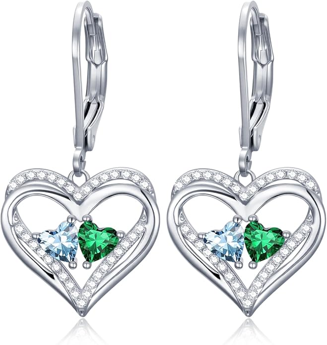 Valentines Day Gifts for Women, Heart Leverback Earrings Double Birthstone Dangle Earrings for Women, Love Jewelry for Her, Anniversary Birthday Gift for Mom Wife Girlfriend