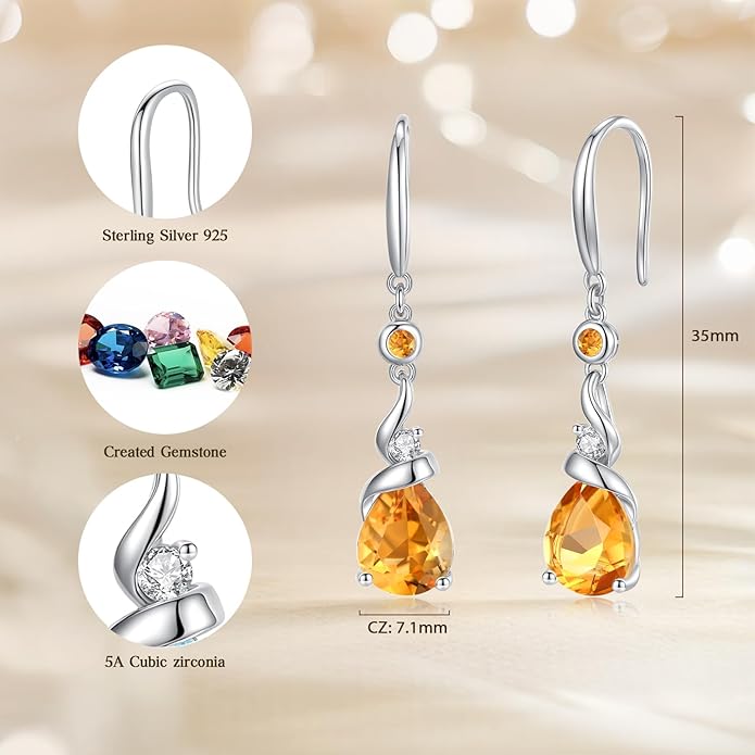 FANCIME Women Drop Earrings 925 Sterling Silver with Pear Gemstone Dangle Birthstone Earring Fine Jewelry Birthday Gifts for Women