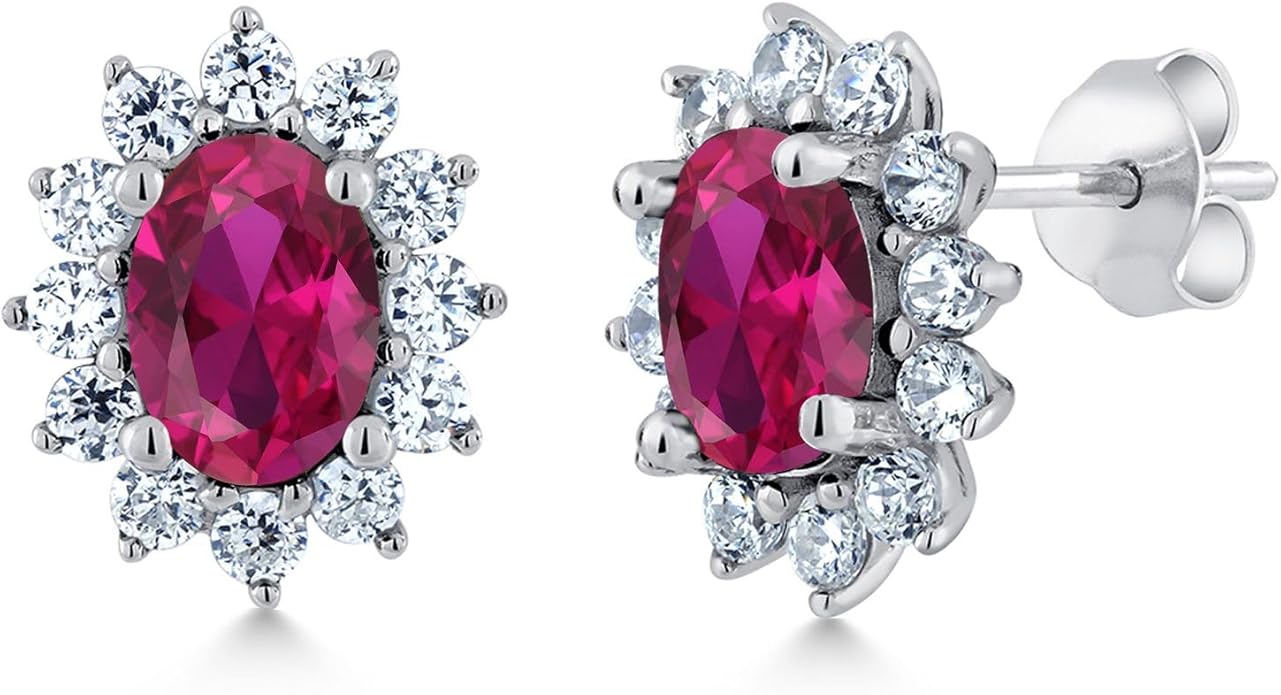 Gem Stone King 7X5MM Oval Gemstone Birthstone Stud Earrings For Women | Princess Diana Royal Halo Style | 925 Sterling Silver | Fine Jewelry Gifts for Anniversary Wedding Her Mom Women Wife
