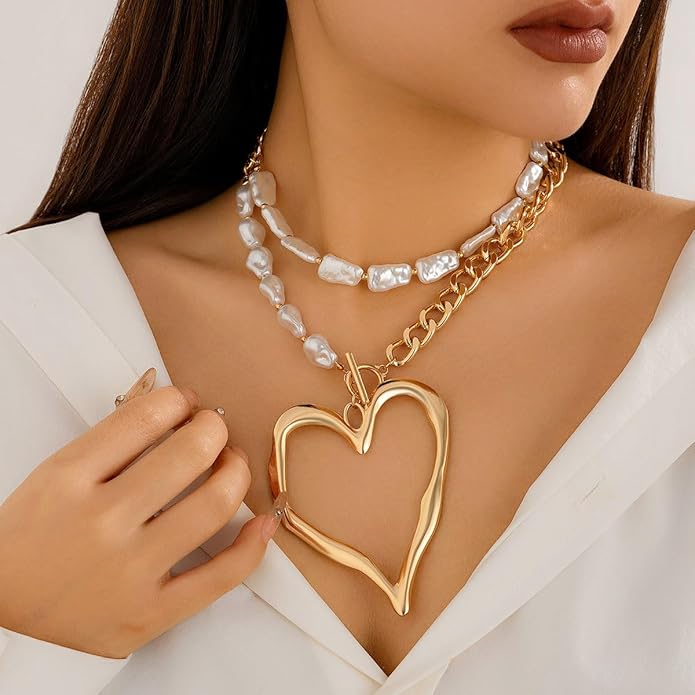 Chunky Gold Necklace Big Heart Necklace for Women Silver Large Statement Necklaces Thick Bold Chain Puffy Love Heart Charm Necklaces for Women with OT Toggle Silver Chunky Gold Jewelry Trendy Valentine's Day Gift
