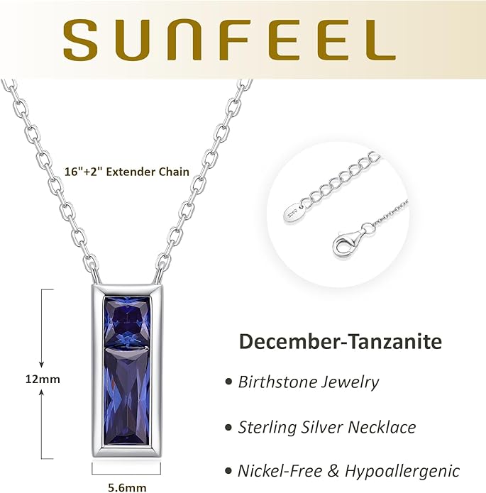 SUNFEEL Birthstone Necklace for Women, S925 Sterling Silver Necklaces with Square Cubic Zirconia Gemstone Necklace Women's Jewelry Anniversary Birthday Gifts for Women Mom Wife Her