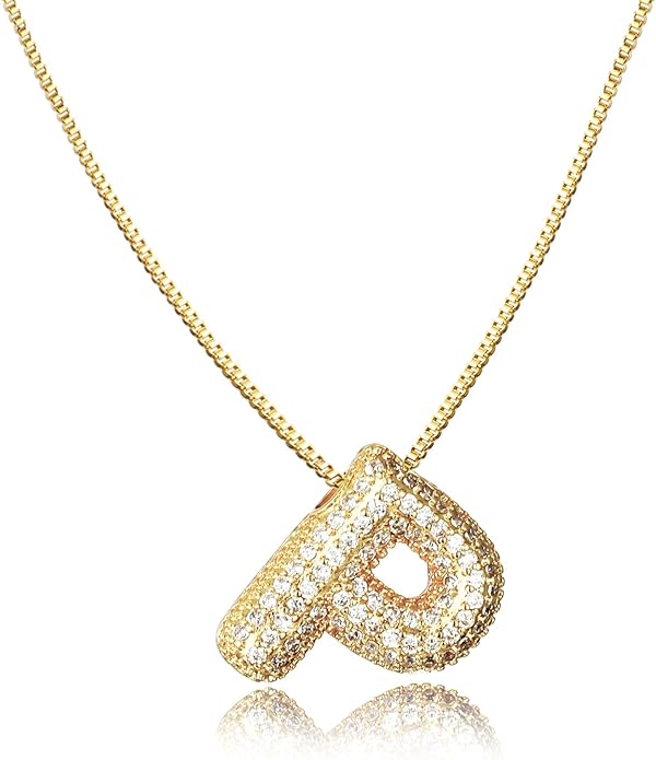 SKQIR Diamond Initial Letter Necklace for Women Bubble Gold Plated Puffy Balloon Alphabet Crystal Zircon Pendant Name Necklace Dainty Charms Trendy Jewelry Gift for Women