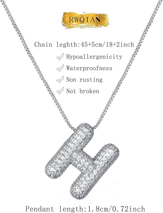 RWQIAN Letter Necklace for Women Bubble, Chunky Initial Alphabet A-Z Pendant Puffy Name Personalized Necklace Dainty Zircon CZ Fashion Jewelry Gifts for Girls Girlfriend