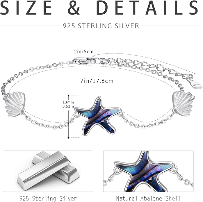 Cuoka Abalone Starfish Bracelet for Women S925 Silver Plated Adjustable Shell Sea Beach Ocean Bracelet Summer Beach Jewelry