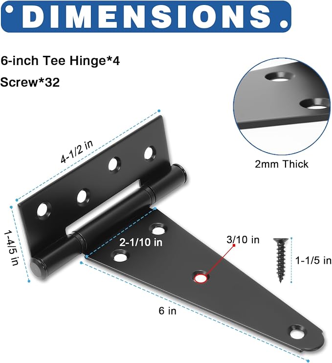 6 Inch T-Strap Gate Hinges, Heavy Duty Black Barn Door Hinges, 4 Pack | T-Strap - Image 2