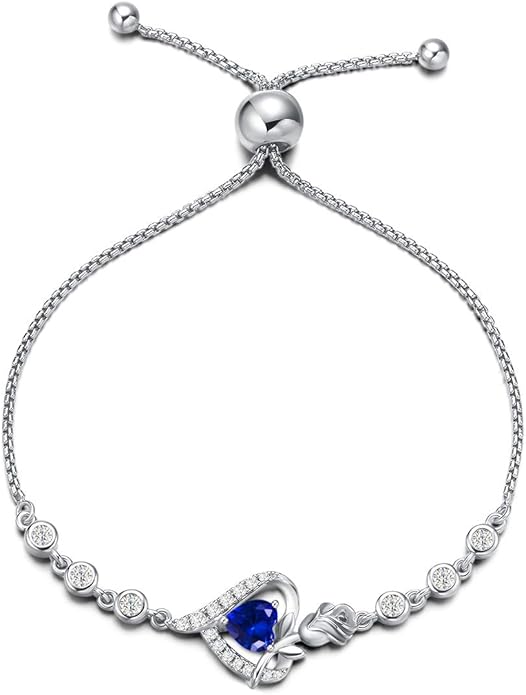AGVANA Valentines Day Gifts Rosy Reverie Birthstone Bracelet for Women Sterling Silver Genuine or Created Gemstone Tennis Bracelet Rose Heart Jewelry Anniversary Birthday Gifts for Women Mom Wife Her