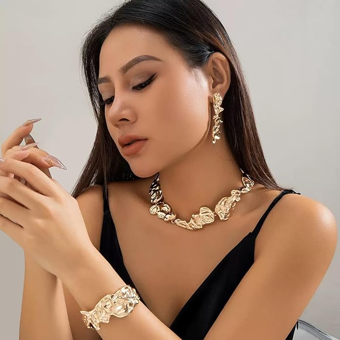 3 Pcs Metal Big Open Choker Necklace Bracelet Earrings for Women Adjustable Gold Baroque Pearl Choker Necklaces Round Necklace Suitable for Party ummer Beach Bead Body Chain Jewelry