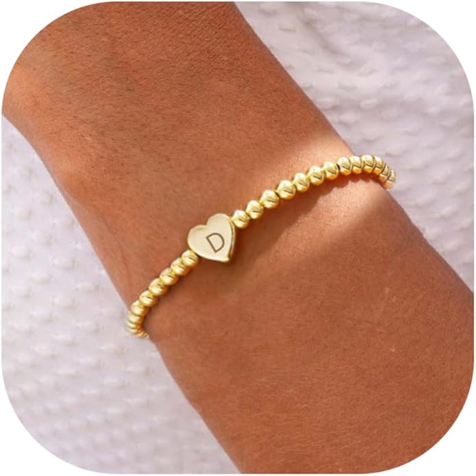 Valentines Day Gifts for Women Her - Dainty Beaded Heart Initial Bracelets Letter A-Z Charm Stretch Bead Ball Bracelet Trendy Jewelry Gifts