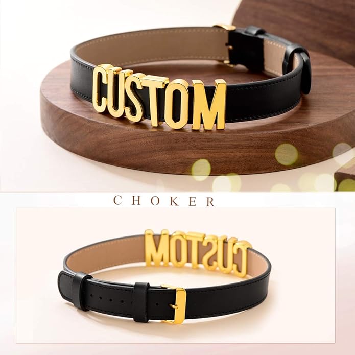Custom4U Personalized Black Leather Choker Necklace with Picture/Name/Initials/Letters Charm,Custom Made Adjustable Choker Collar Gothic Punk Necklaces Jewelry Gifts for Women
