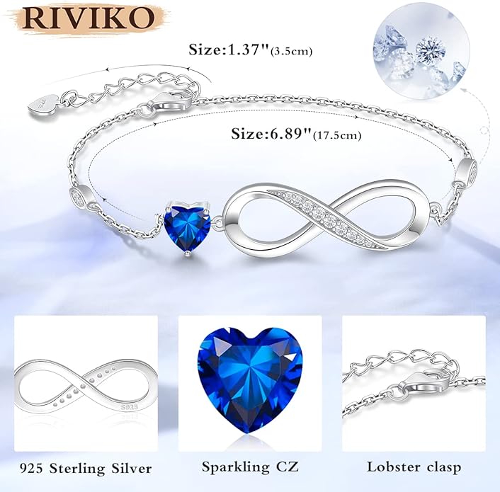 RIVIKO Infinity Love Heart Symbol Charm Bracelet for Women 925 Sterling Silver Adjustable Birthday Valentine’s Day Christmas Mothers Day Jewelry Gift for Mom Women Wife Her Friends