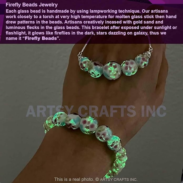ARTSY Crafts Lily Garden Glow in the Dark Firefly Bead Bracelets Necklaces, Handmade in USA Murano Glass Jewelry, Flower Luminous Beads Mermaid Crystal Bracelet Bangle