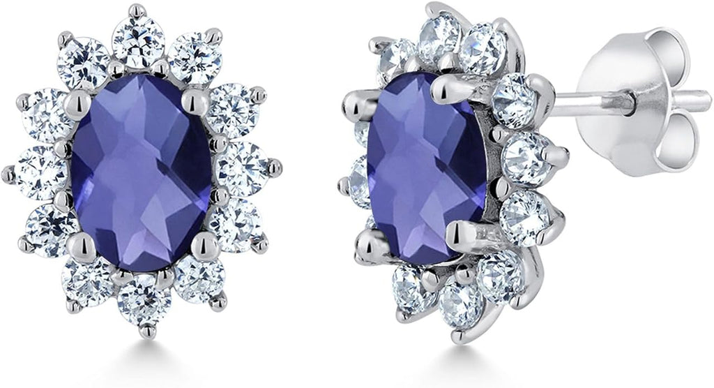 Gem Stone King 7X5MM Oval Gemstone Birthstone Stud Earrings For Women | Princess Diana Royal Halo Style | 925 Sterling Silver | Fine Jewelry Gifts for Anniversary Wedding Her Mom Women Wife