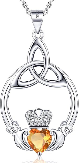 Gift Birthstone Necklaces for Women 925 Sterling Silver Irish Claddagh Necklace for Women Heart Birthstone Pendant Necklace Anniversary Birthday Gifts for Wife Lady Cable Chain 18"+2"