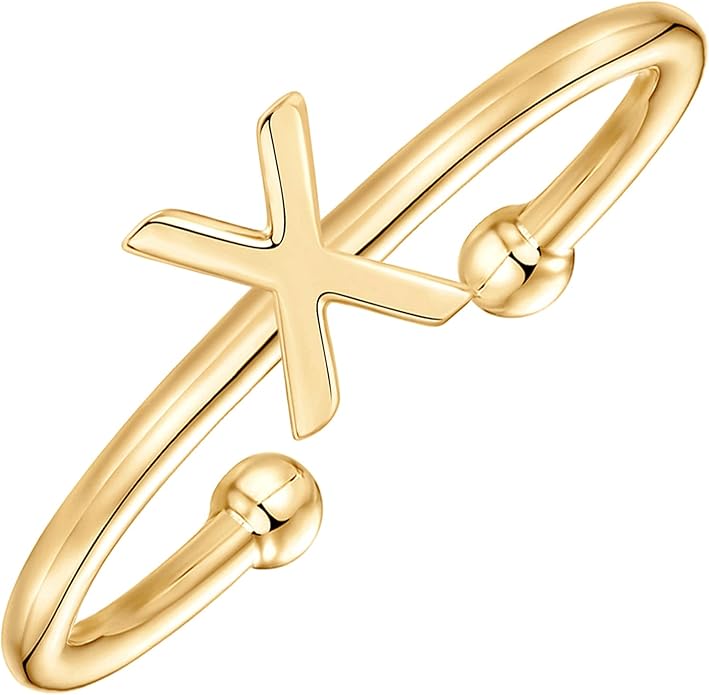 PAVOI 14K Gold Plated Initial Letter Adjustable Ring for Women - Thin Initial Band - Dainty Fashion Jewelry Gifts