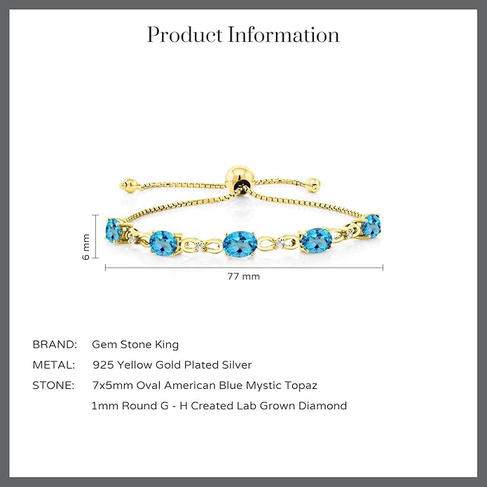 Gem Stone King 7X5MM Oval Cut Gemstone Birthstone and Accent Lab Grown Diamond Tennis Bracelet For Women In 18K Yellow Gold Plated Silver | Adjustable Bolo Bracelet For Women | Easy-On Easy-Off