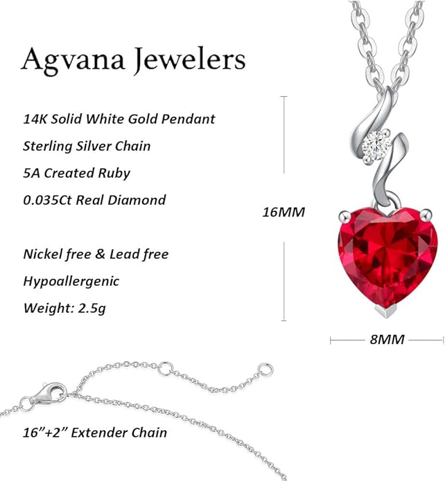 AGVANA Valentines Day Gifts 14K Solid White Gold Diamond Gemstone Pendant with Sterling Silver Chain 8mm Heart Birthstone Necklace Fine Jewelry Anniversary Birthday Gifts for Women Mom Wife
