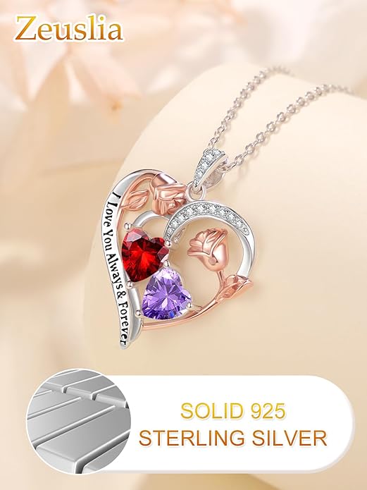 Valentine's Day Gifts for Wife 925 Sterling Silver Double Birthstone Pendant Necklaces I Love You for Always and Forever Necklace Anniversary Birthday Gifts for Wife Girlfriend Mom Her