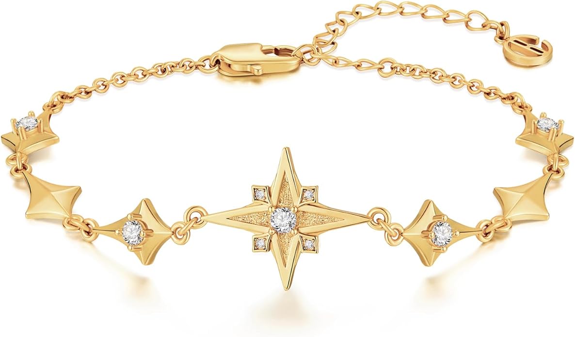 Cicy Bell Womens 18k Gold Plated White Shell Cubic Zirconia Square Cross Adjustable Chain Link Bracelets 6.69" with 2" Extender