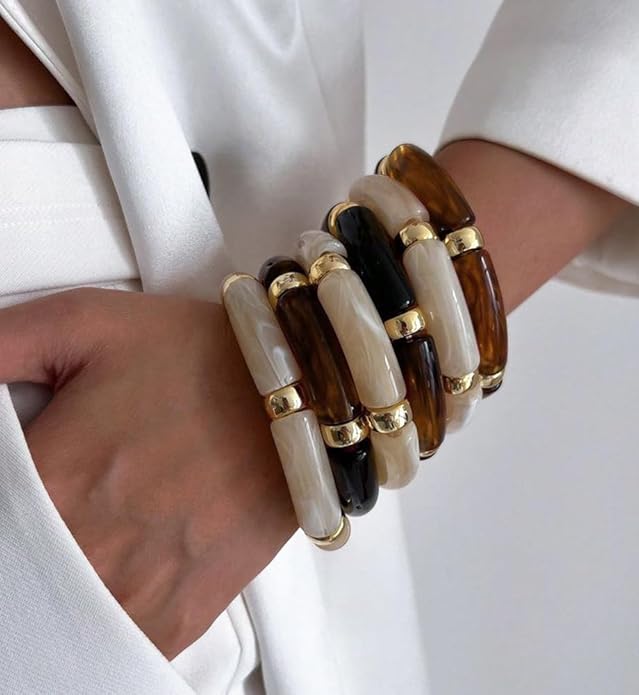 iF YOU 6pcs Chunky Acrylic Bangle Bracelets for Women, Resin Bamboo Brown Stretchy Bracelet Stack, Fashion Jewelry for Women