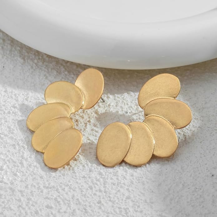 Chunky Gold Statement Earrings For Women Gold Plated Sectored Flower Leaf Shell Angel Wing Earrings Trendy Boho Jewelry For Women Large Stud Earrings Hypoallergenic Earrings