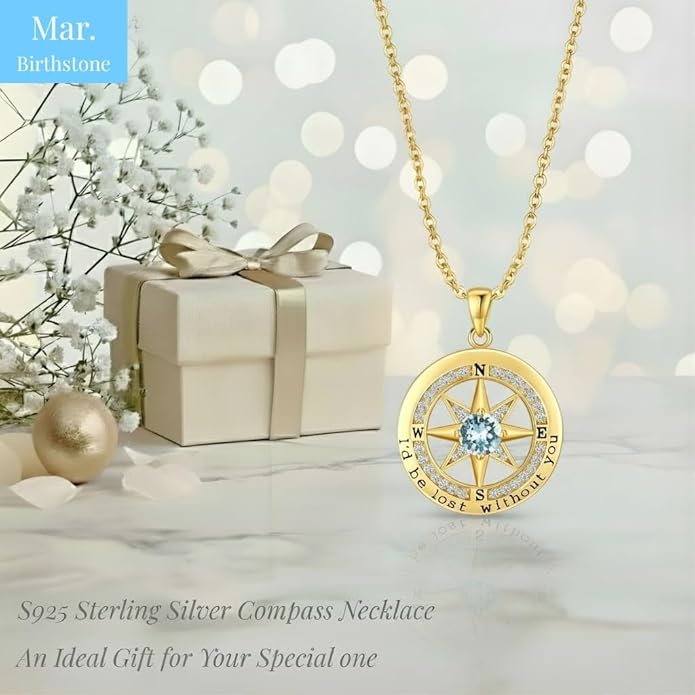 Compass Necklace for Women Wife Girlfriend Mom Daughter Gifts S925 Sterling Silver Jewelry For Anniversary Rose Gold Gifts For Birthday Christmas Mothers Valentines Day 12 Birthstones