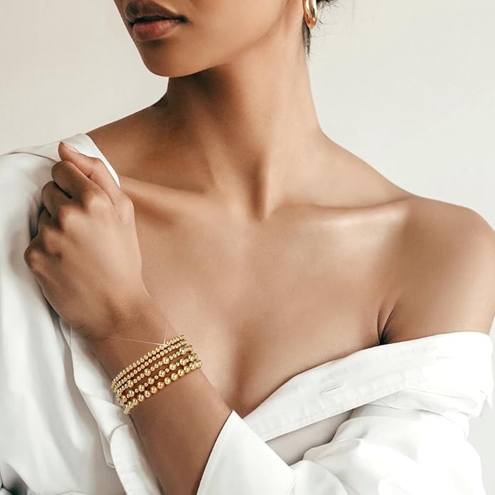 adoyi Valentines Day Gifts for Her Gold Bracelets for Women Waterproof, 14K Gold Plated Beaded Strand Bead Ball Bracelets stack Adjustable Jewelry Set for Gifts