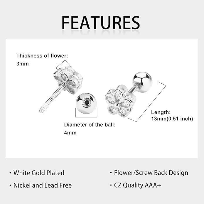 18K Gold Plated Sterling Silver Cubic Zirconia Screw Back Small Trendy Dainty Cute Flower Stud Earrings for Women with Jewelry Rose Box