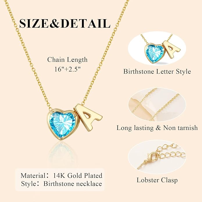 Valentines Day Gifts for Her- Heart Birthstone Initial Necklace for Women Girls,14K Gold Plated Heart Letter A-Z Necklace Birthday Trendy Jewelry Gifts for Women Girls Daughter